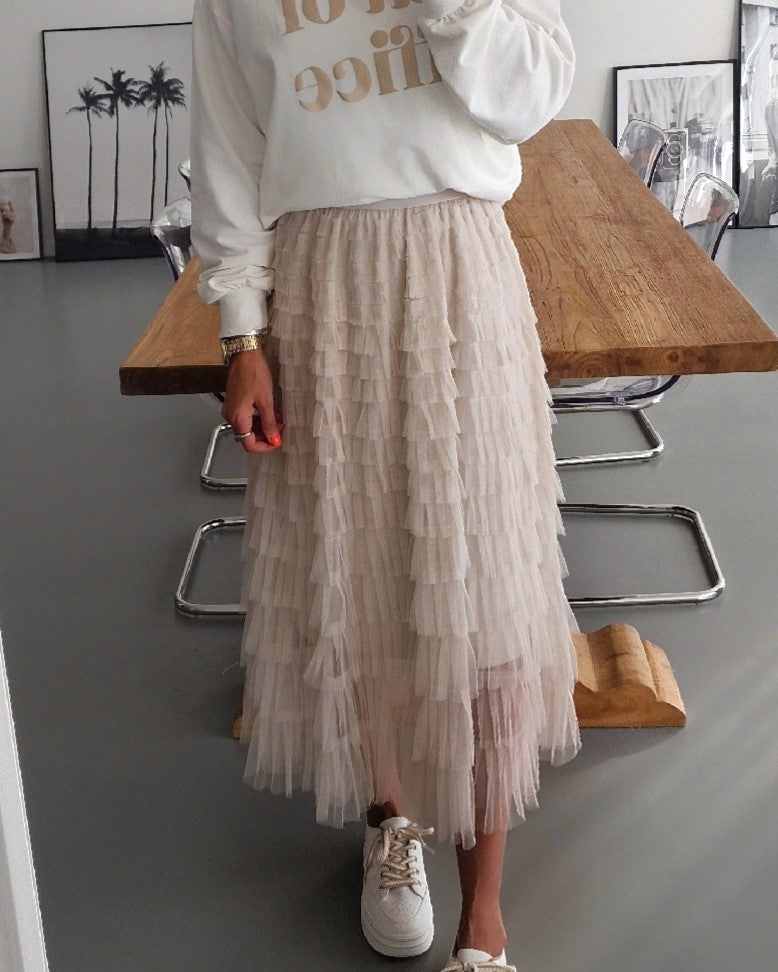 Layered Mesh Tulle High Waist Maxi Skirt - Khaki