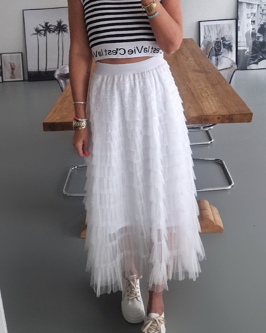 Layered Mesh Tulle High Waist Maxi Skirt - White
