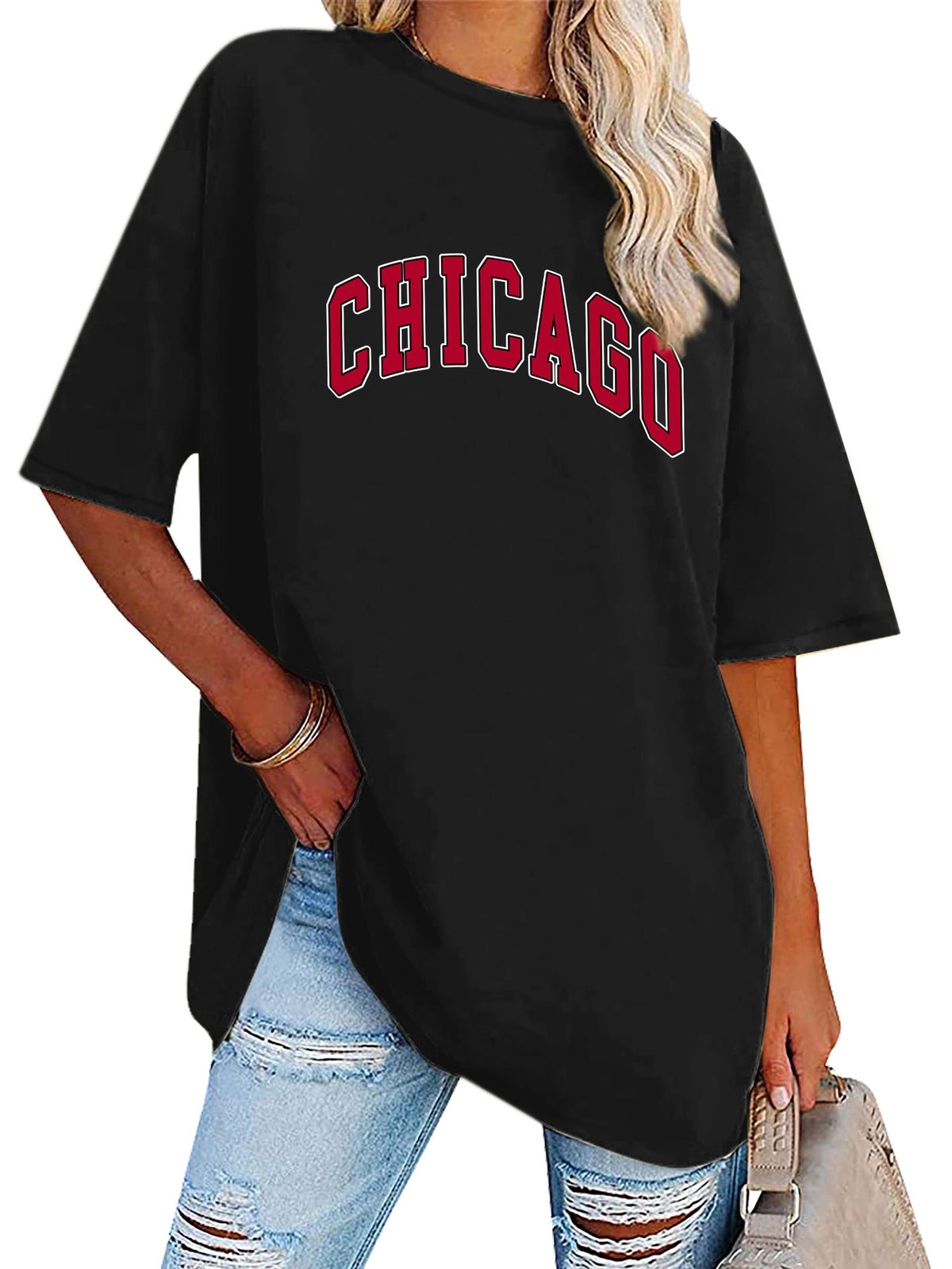 Chicago Collegiate Print Oversized Tunic Tee - Black