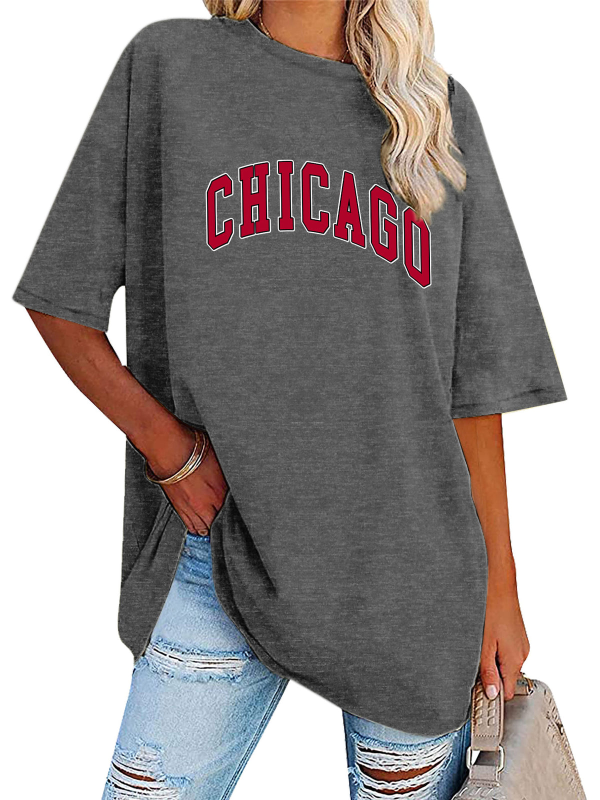 Chicago Collegiate Print Oversized Tunic Tee - Gray
