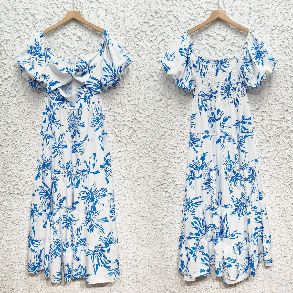 Sweetheart Cutout Puff Sleeve Floral Maxi Dress - BlueWhite - 2