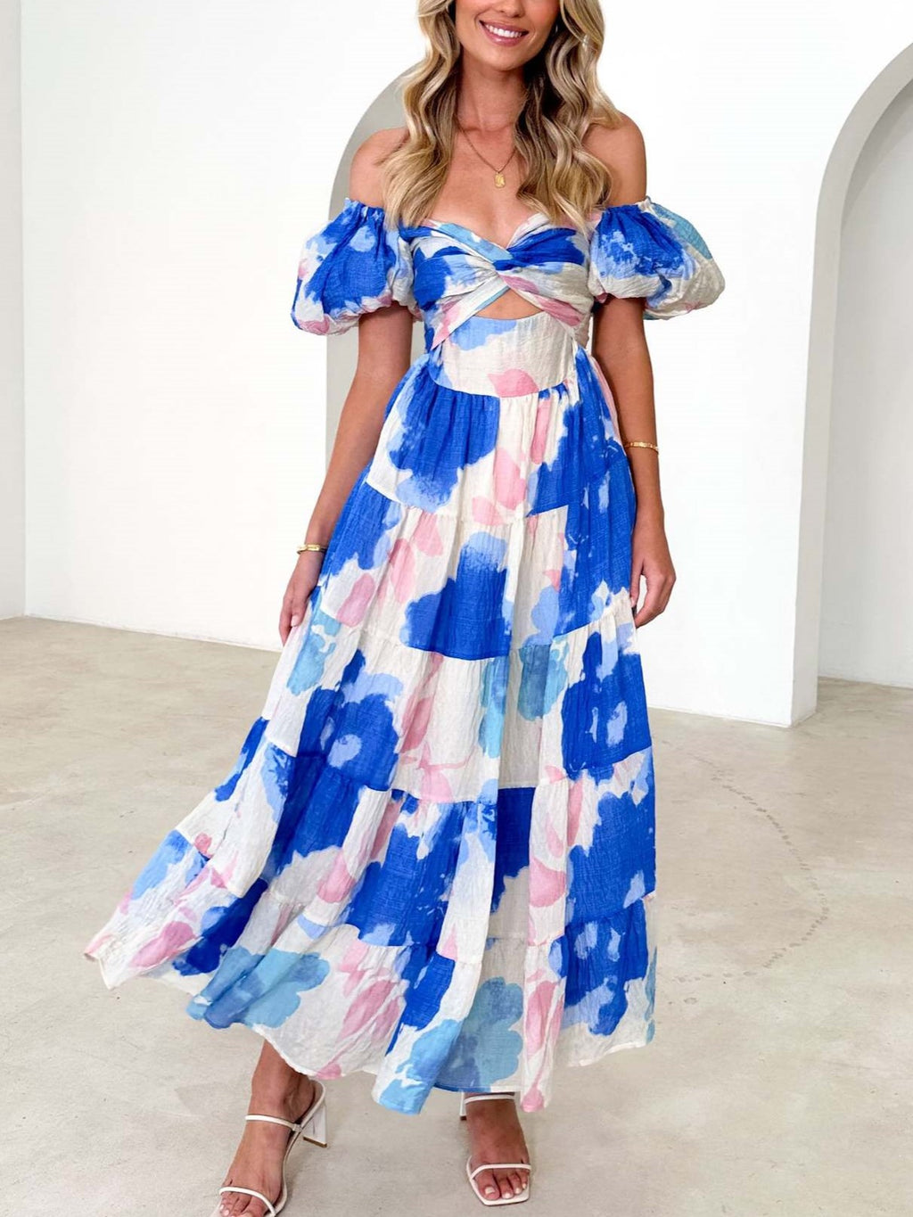 Sweetheart Cutout Puff Sleeve Floral Maxi Dress - DeepBlue