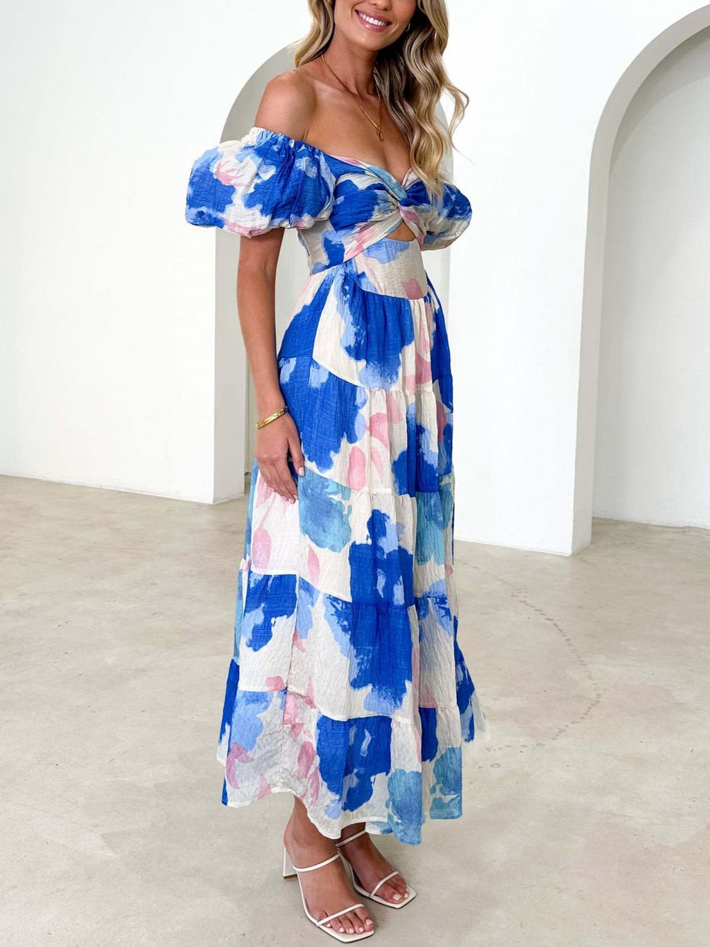 Sweetheart Cutout Puff Sleeve Floral Maxi Dress - DeepBlue - 1