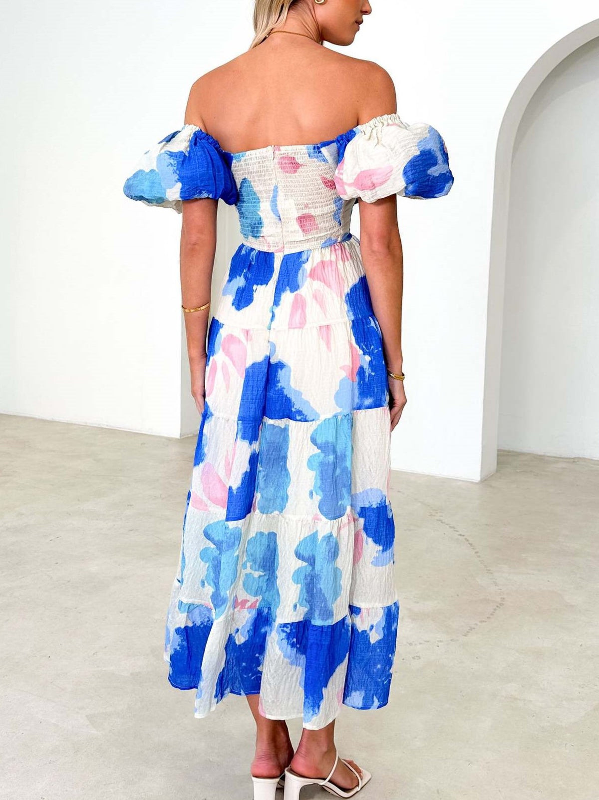 Sweetheart Cutout Puff Sleeve Floral Maxi Dress - DeepBlue - 2