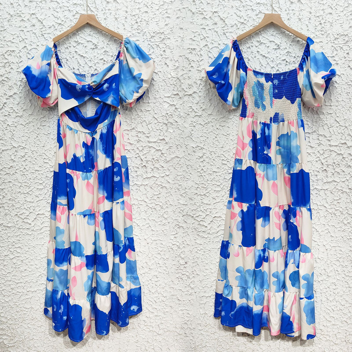 Sweetheart Cutout Puff Sleeve Floral Maxi Dress - DeepBlue - 3