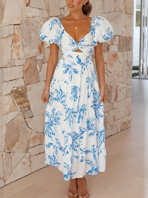 Sweetheart Cutout Puff Sleeve Floral Maxi Dress - LightBlue - 1