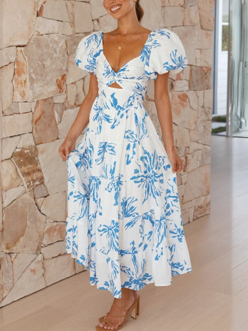 Sweetheart Cutout Puff Sleeve Floral Maxi Dress - LightBlue - 2