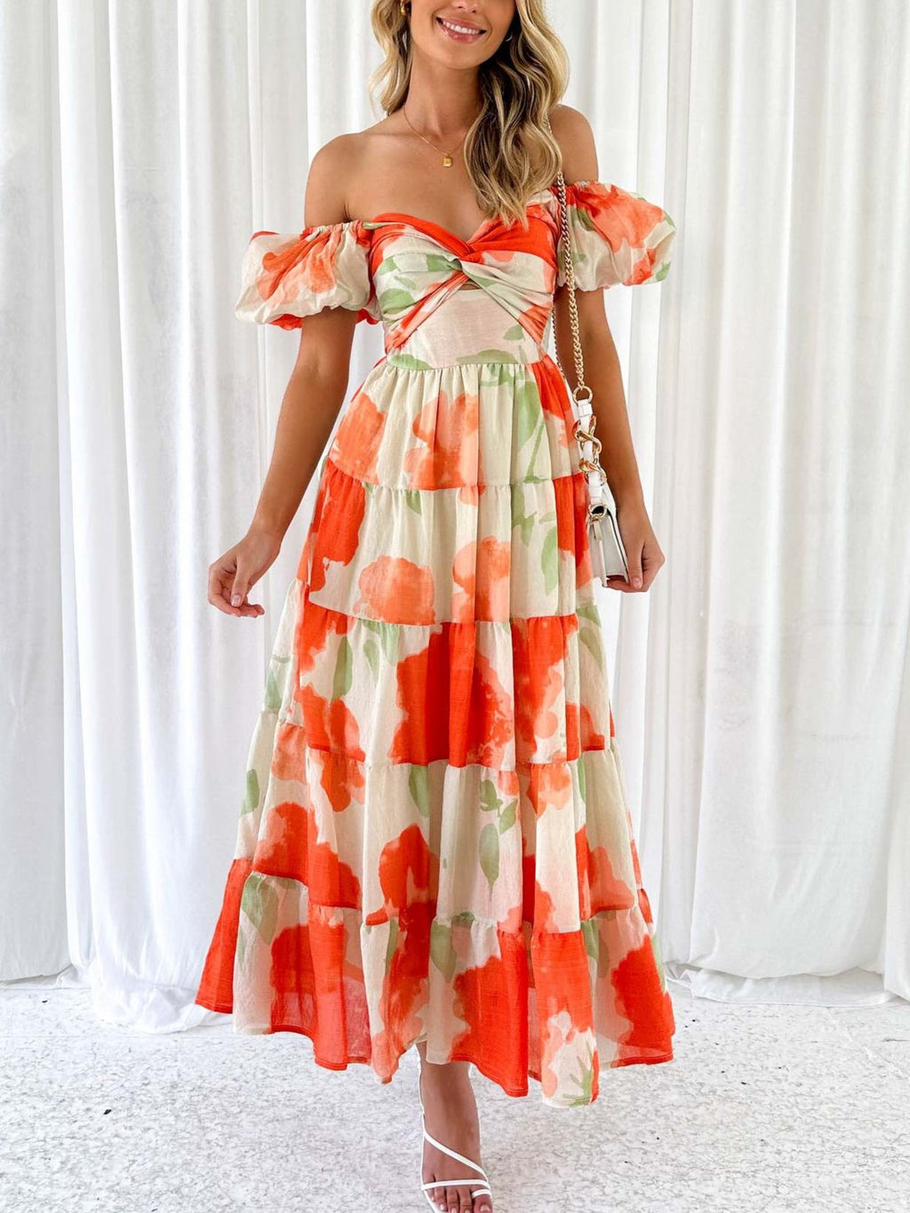 Sweetheart Cutout Puff Sleeve Floral Maxi Dress - Orange