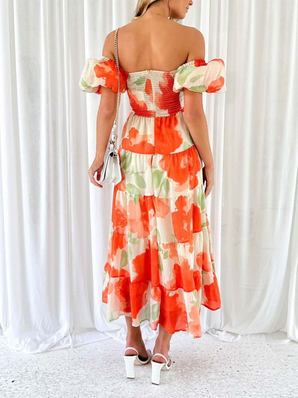 Sweetheart Cutout Puff Sleeve Floral Maxi Dress - Orange - 1