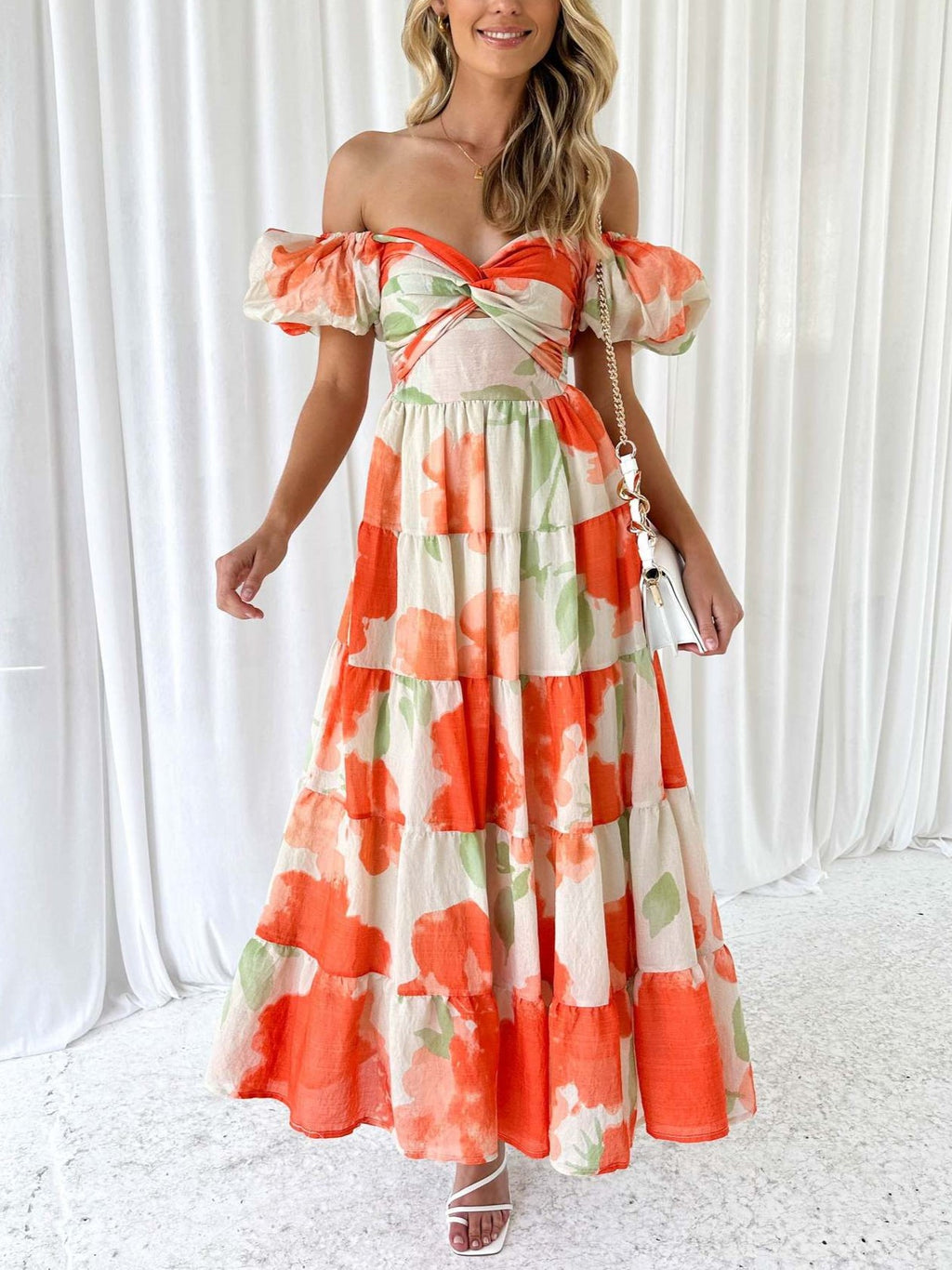 Sweetheart Cutout Puff Sleeve Floral Maxi Dress - Orange - 2