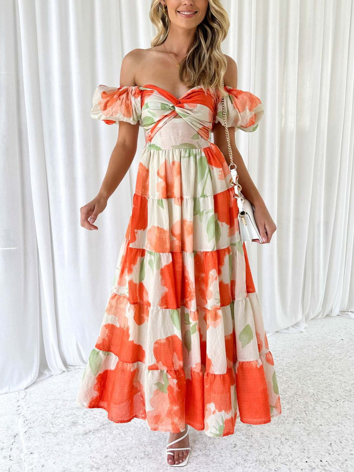 Sweetheart Cutout Puff Sleeve Floral Maxi Dress - Orange - 2