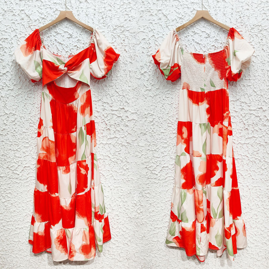 Sweetheart Cutout Puff Sleeve Floral Maxi Dress - Orange - 3