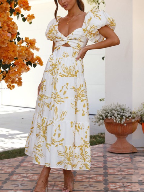 Sweetheart Cutout Puff Sleeve Floral Maxi Dress - Yellow