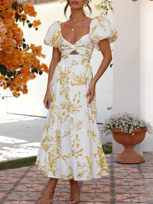 Sweetheart Cutout Puff Sleeve Floral Maxi Dress - Yellow - 3