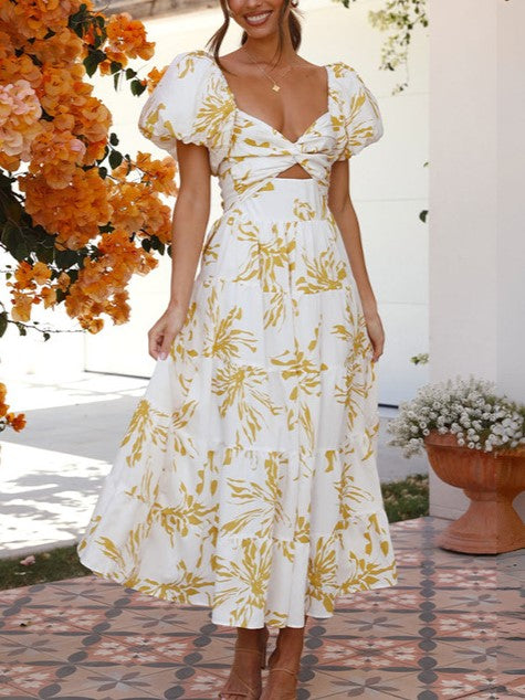 Sweetheart Cutout Puff Sleeve Floral Maxi Dress - Yellow - 4