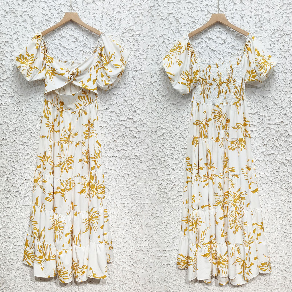 Sweetheart Cutout Puff Sleeve Floral Maxi Dress - Yellow - 5