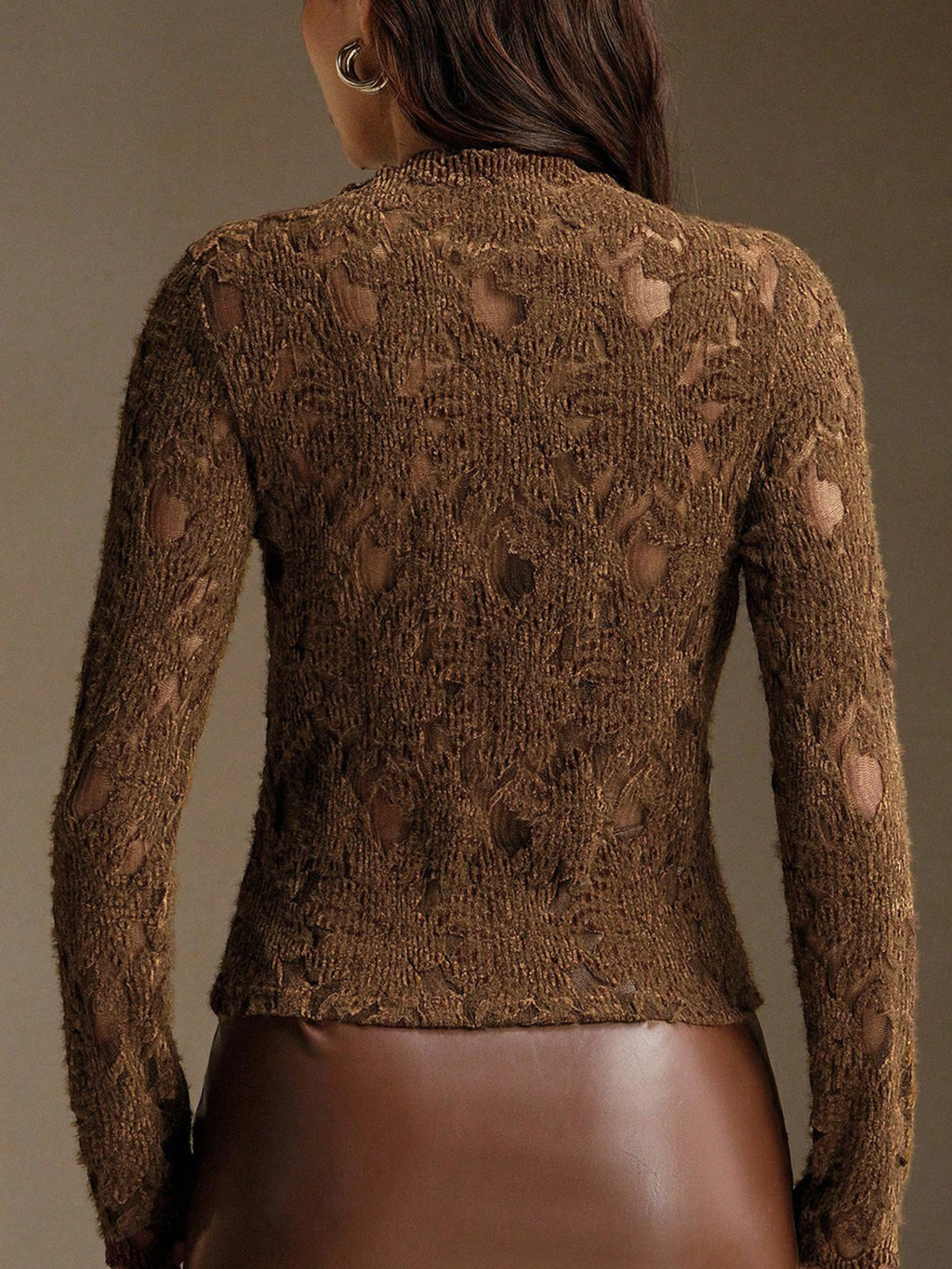 Scalloped Mock Neck Sheer Lace Blouse - Coffee - 1