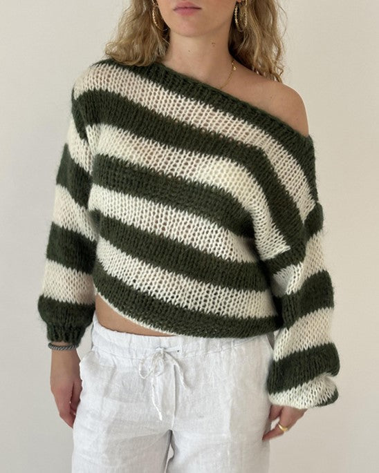 Chunky Striped Off Shoulder Slouchy Sweater - DkGreen