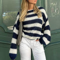 Chunky Striped Off Shoulder Slouchy Sweater - NavyBlue