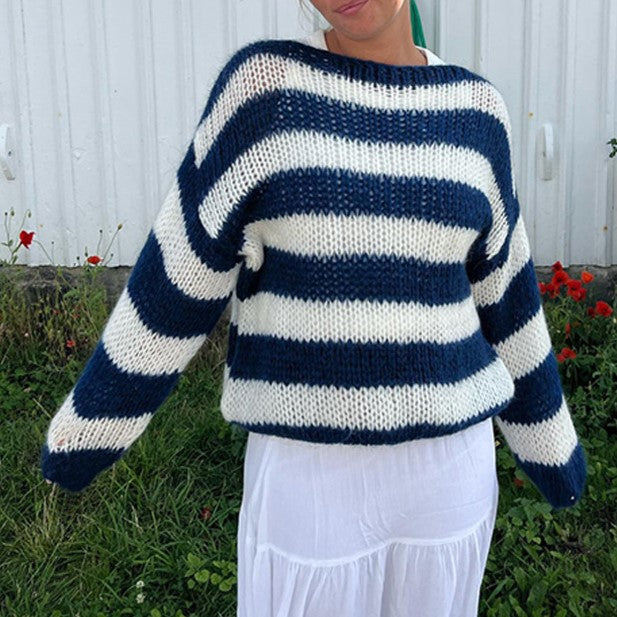 Chunky Striped Off Shoulder Slouchy Sweater - NavyBlue - 1