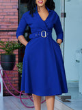 Collared Wrap Front Belted Fit and Flare Dress - Blue