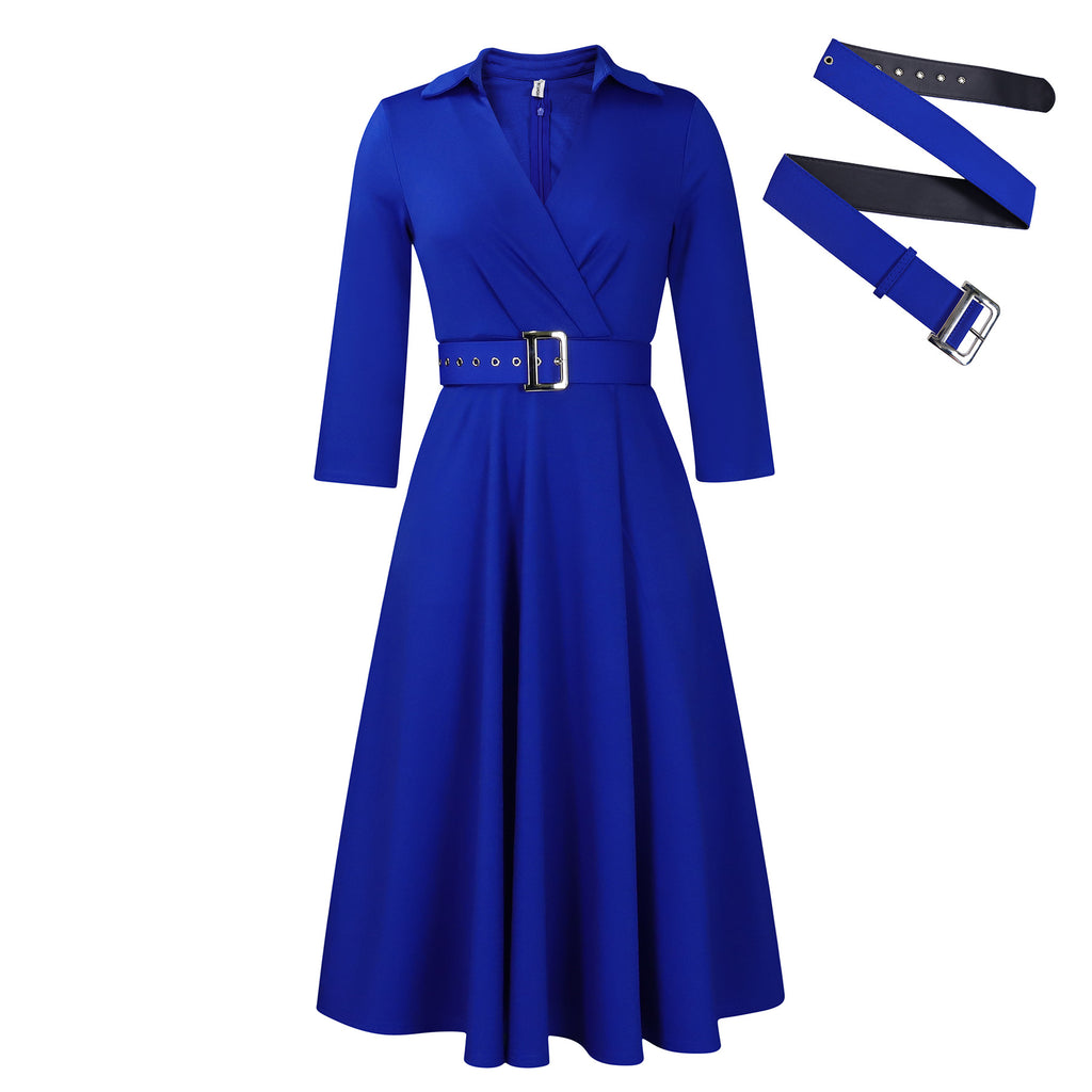 Collared Wrap Front Belted Fit and Flare Dress - Blue - 1