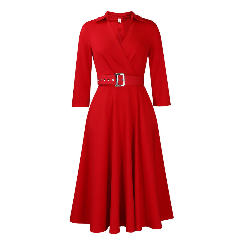 Collared Wrap Front Belted Fit and Flare Dress - Red
