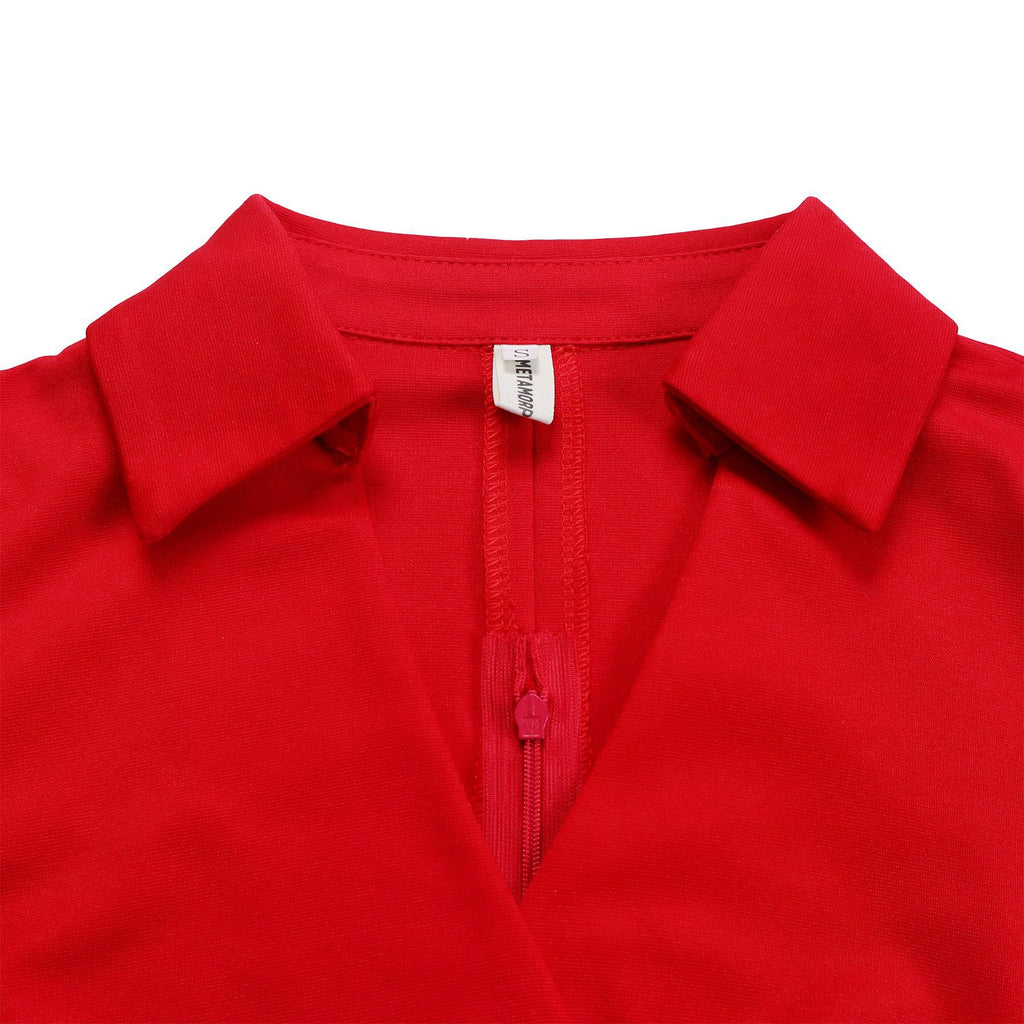 Collared Wrap Front Belted Fit and Flare Dress - Red - 1
