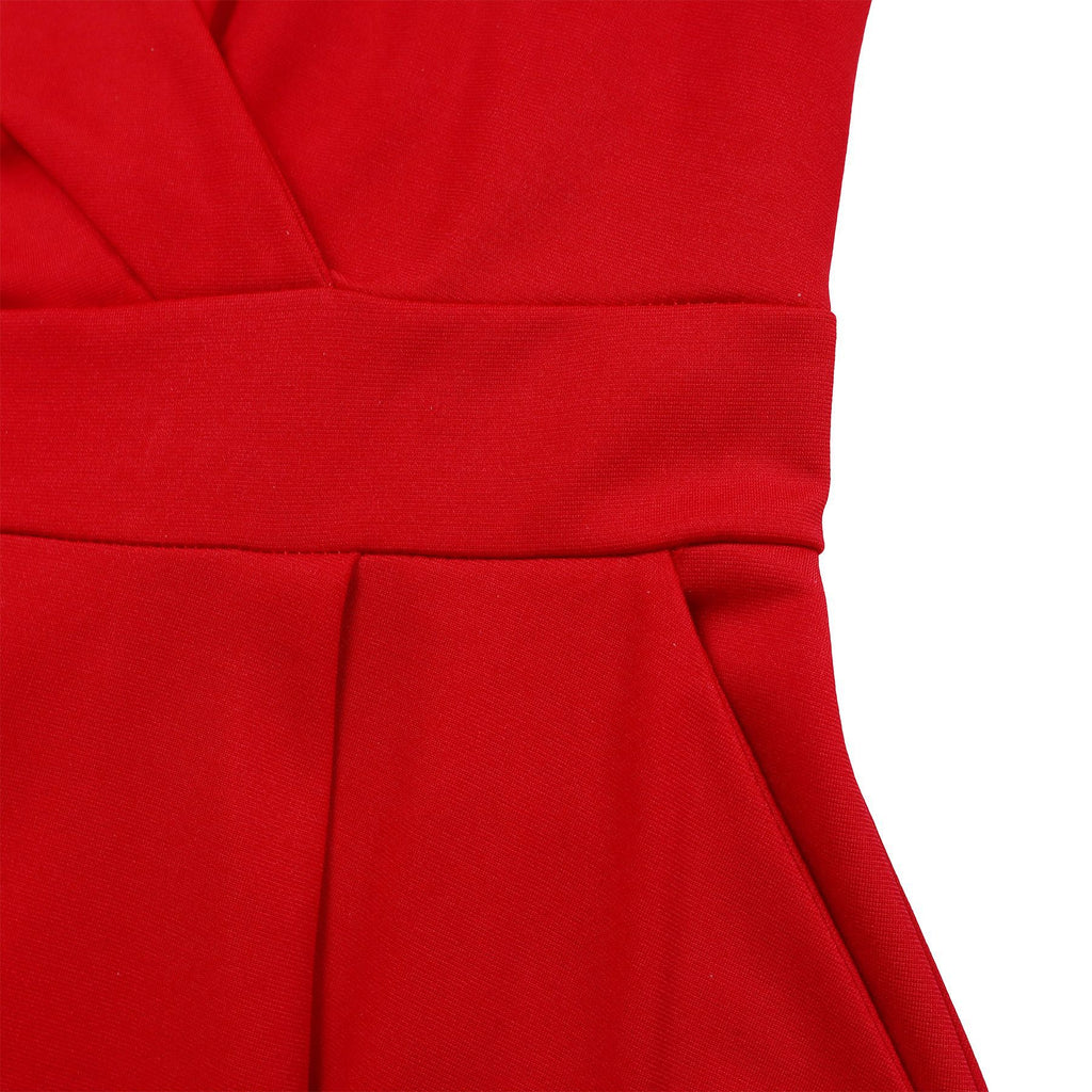 Collared Wrap Front Belted Fit and Flare Dress - Red - 2