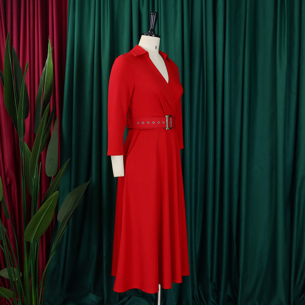 Collared Wrap Front Belted Fit and Flare Dress - Red - 5