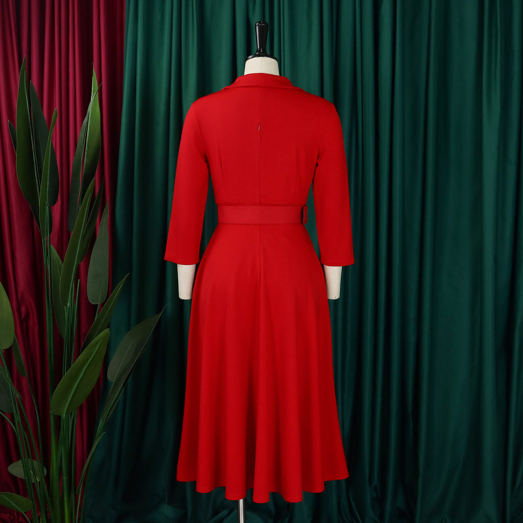 Collared Wrap Front Belted Fit and Flare Dress - Red - 6