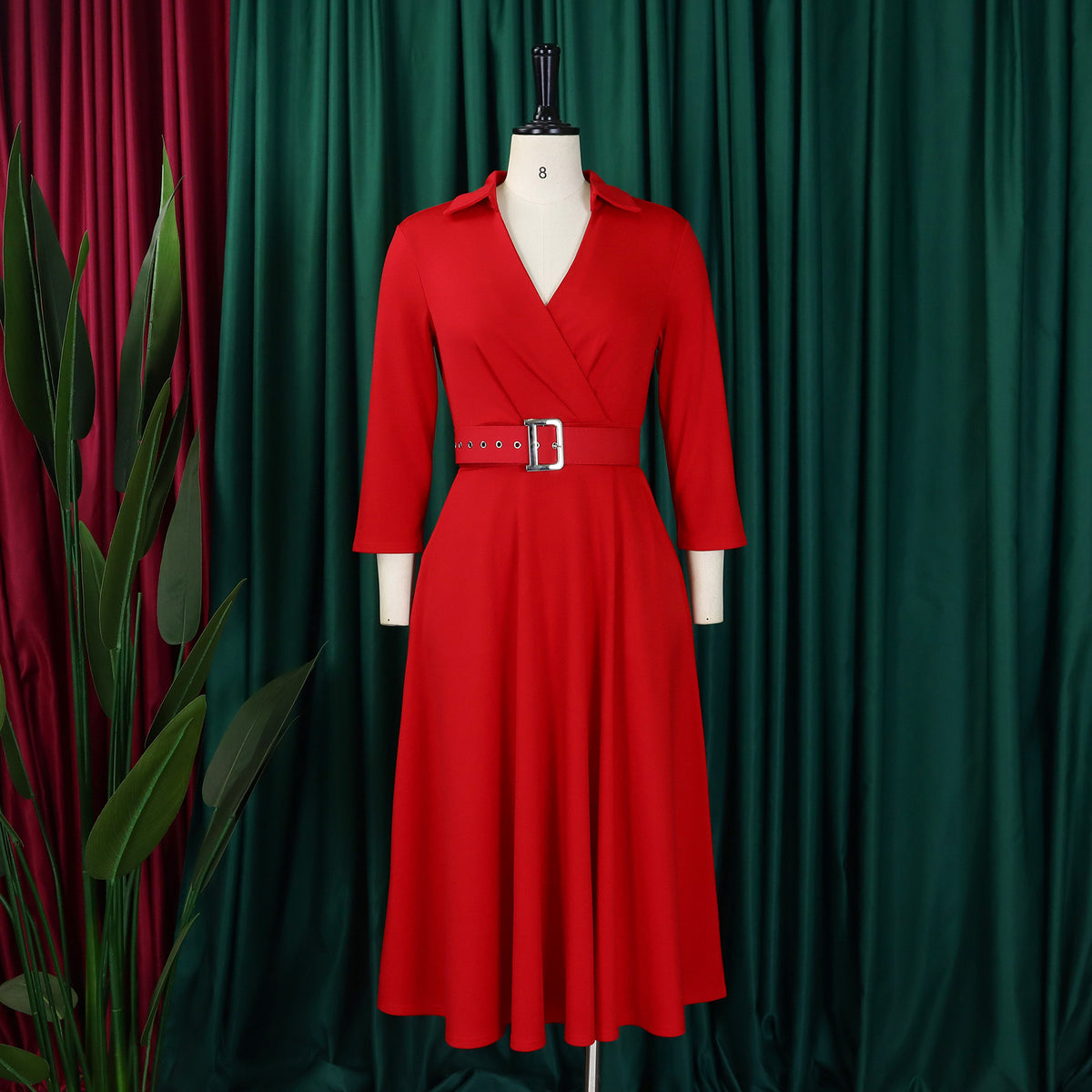 Collared Wrap Front Belted Fit and Flare Dress - Red - 7