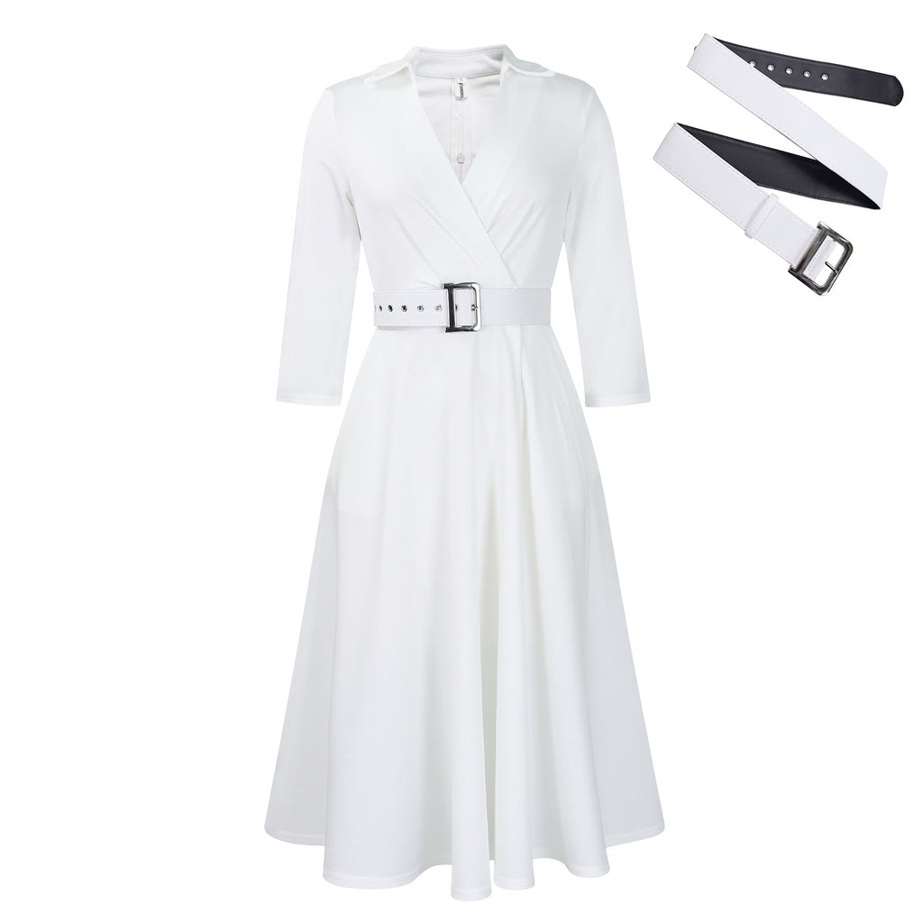 Collared Wrap Front Belted Fit and Flare Dress - White