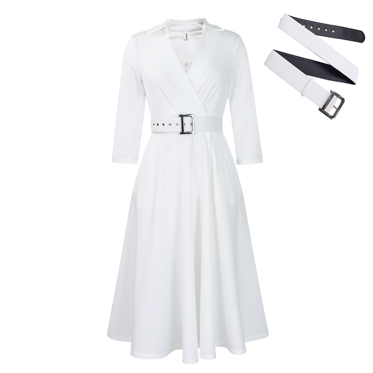 Collared Wrap Front Belted Fit and Flare Dress - White