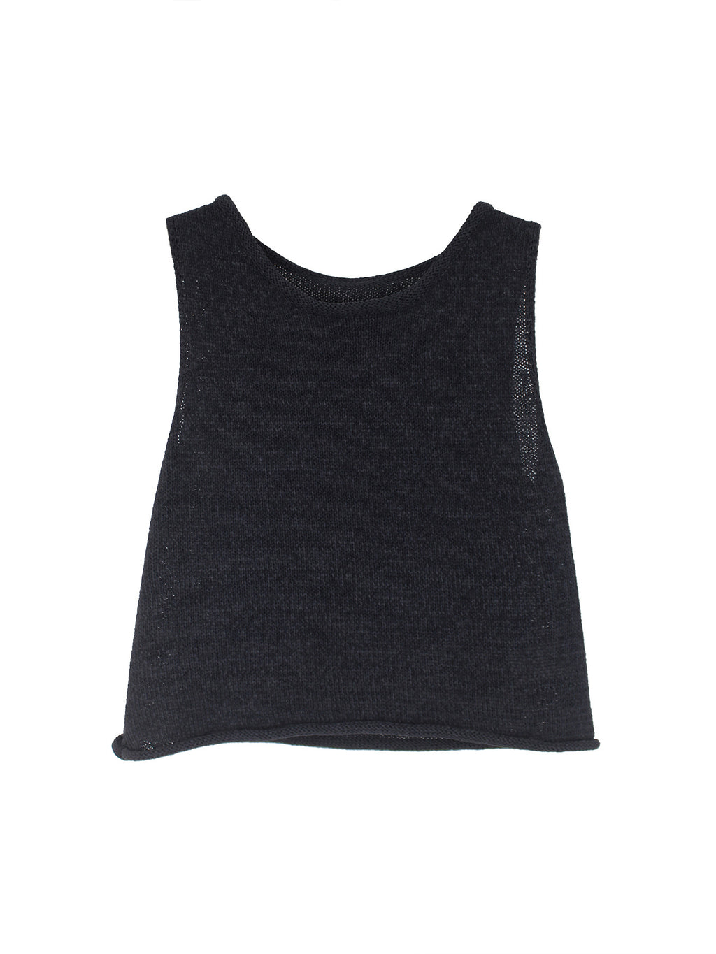 Cropped Crew Neck Knit Tank Top - Black