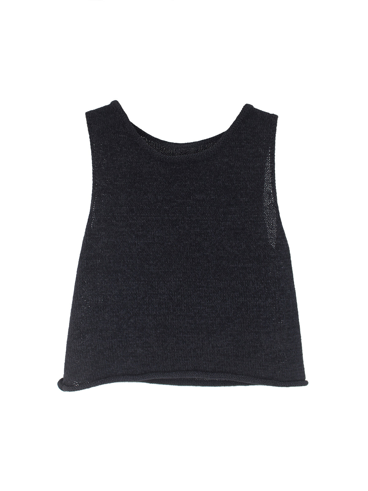 Cropped Crew Neck Knit Tank Top - Black