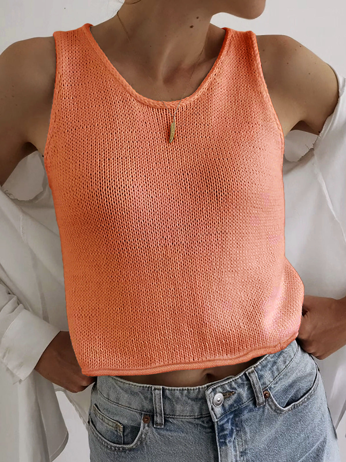 Cropped Crew Neck Knit Tank Top