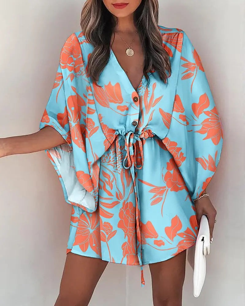 Batwing Sleeve Drawstring Waist Mini Dress - Apricot