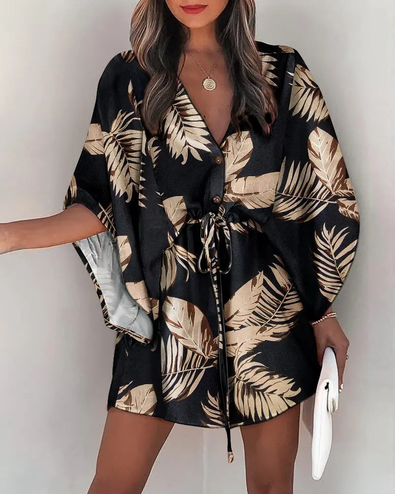 Batwing Sleeve Drawstring Waist Mini Dress - Black