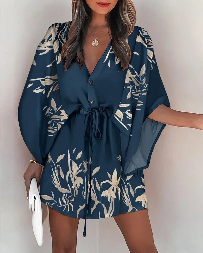 Batwing Sleeve Drawstring Waist Mini Dress - Blue