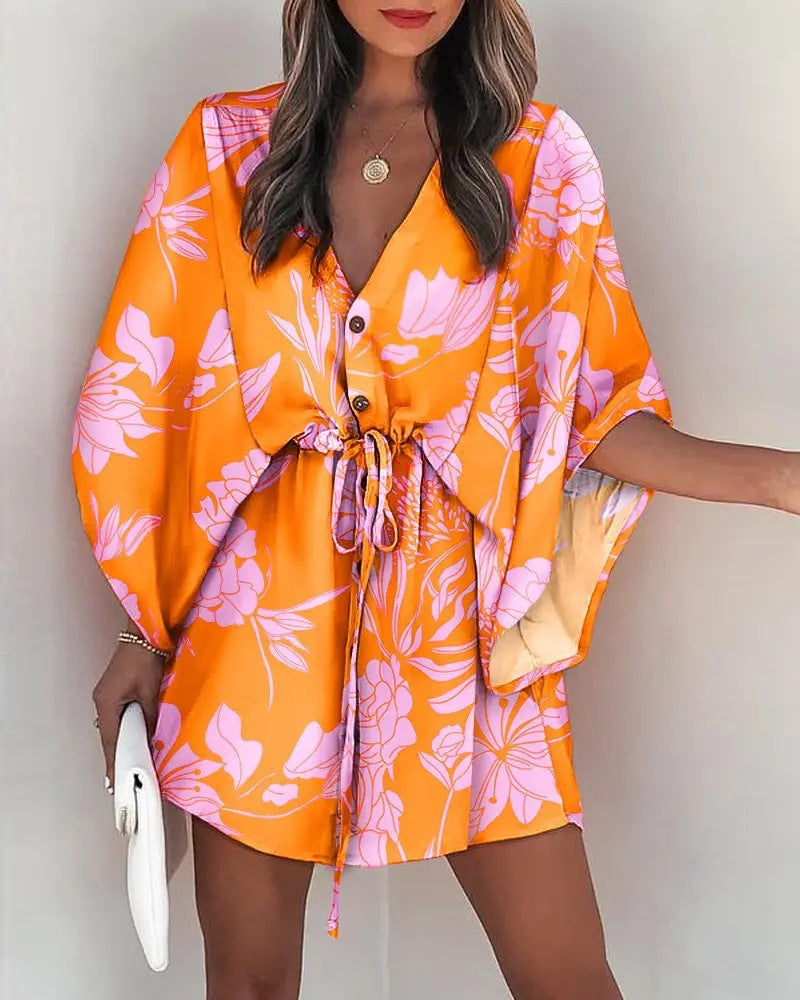 Batwing Sleeve Drawstring Waist Mini Dress - Orange