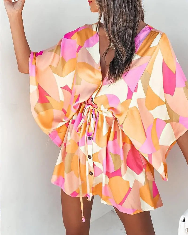 Batwing Sleeve Drawstring Waist Mini Dress - Orange Pink