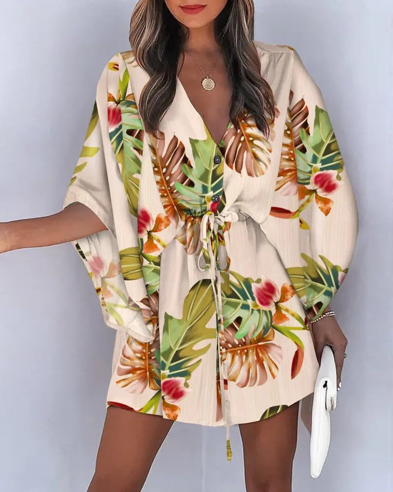 Batwing Sleeve Drawstring Waist Mini Dress - Yellow