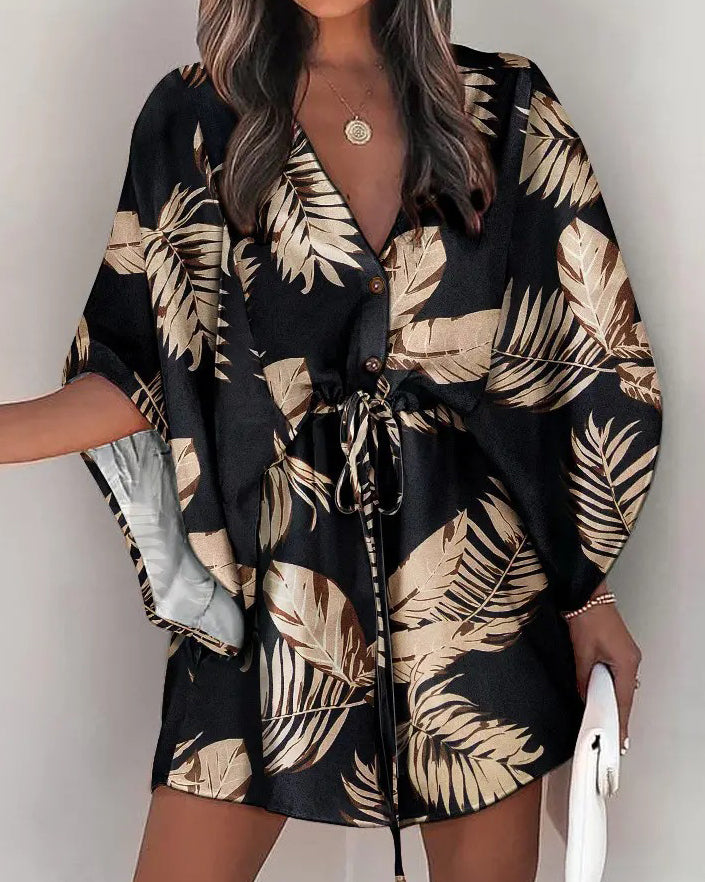 Batwing Sleeve Drawstring Waist Mini Dress