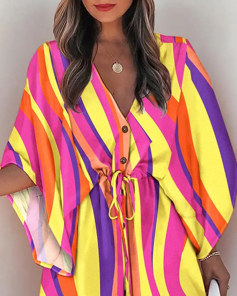 Batwing Sleeve Drawstring Waist Mini Dress - striped