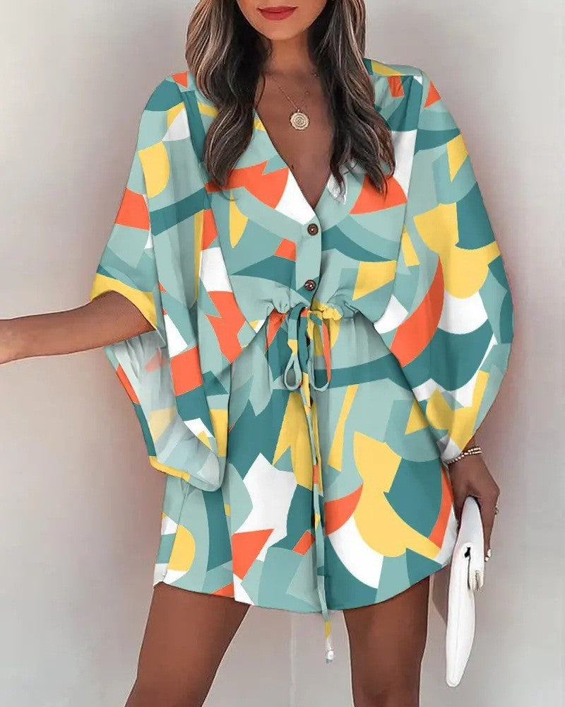 Batwing Sleeve Drawstring Waist Mini Dress - yellow green