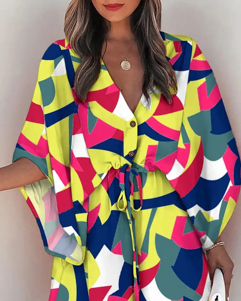 Batwing Sleeve Drawstring Waist Mini Dress - yellow red