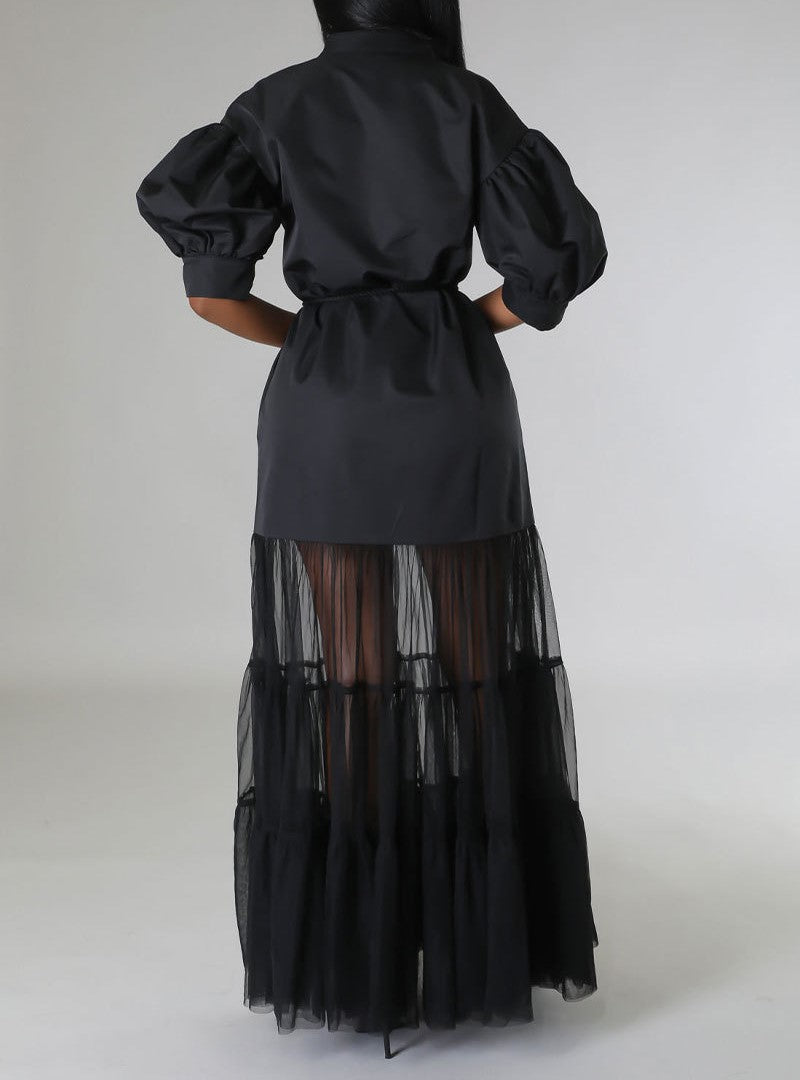 Puff Sleeve Shirt Dress With Sheer Maxi Skirt - Black - 2