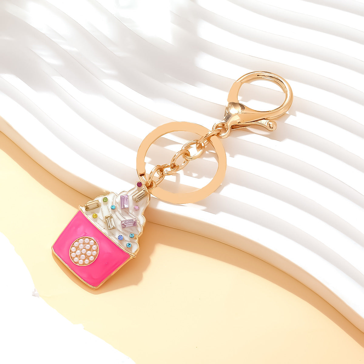Rhinestone Cupcake Charm Keychain - Pink