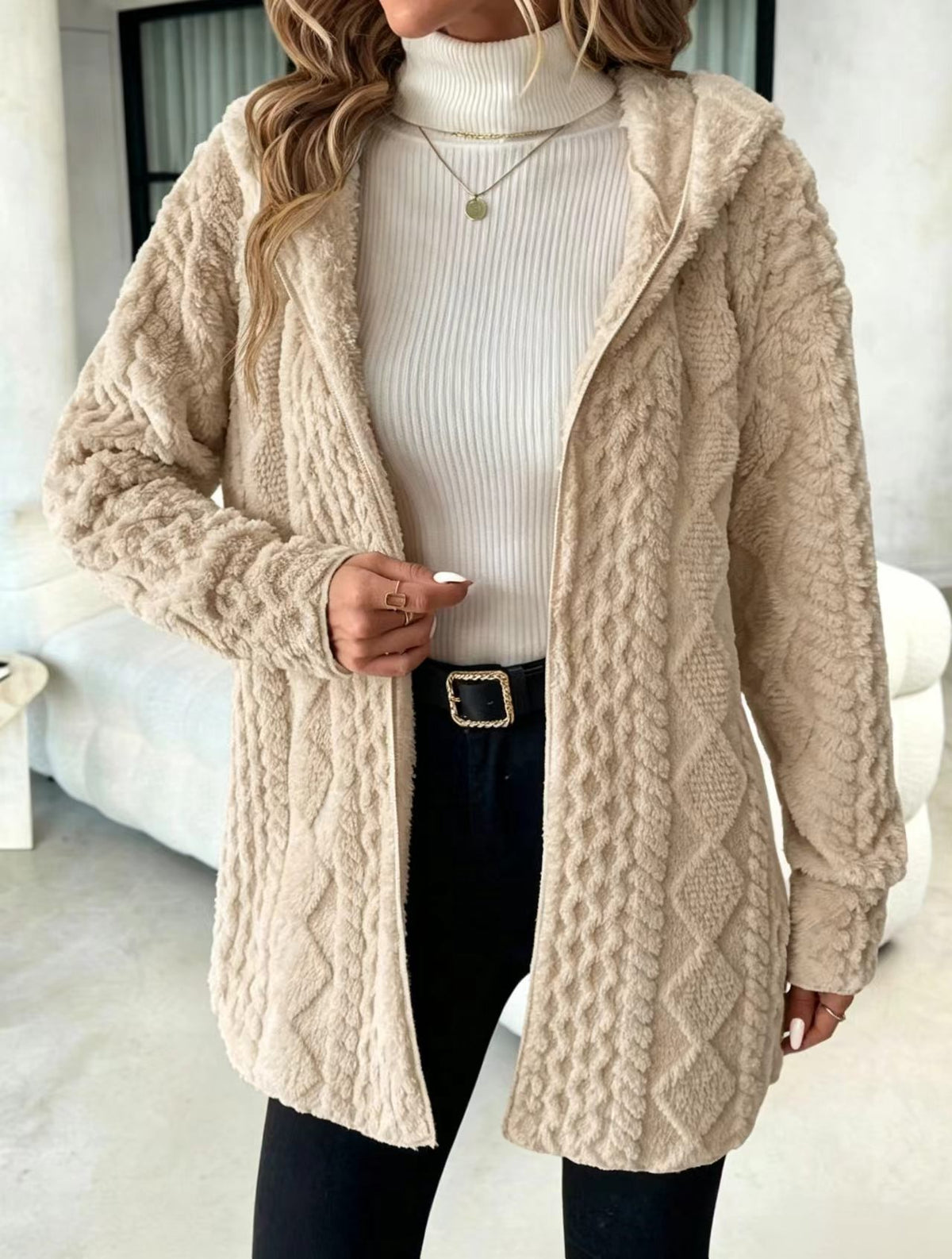 Cable Textured Plush Hooded Open Front Longline Coat - Apricot